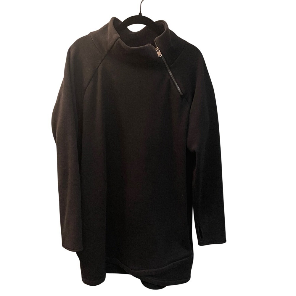 Athleta Cozy Karma Asym Sweatshirt Dress Black Fleece Lined Thumbholes Large